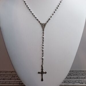 Estate Silver Tone White Seed Bead Rosary Vintage Italy